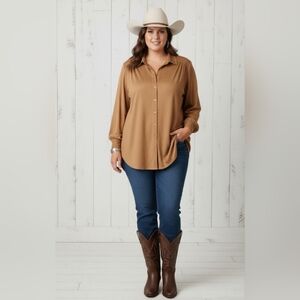 Chicos Western Chic Smooth Faux Suede Reza Button Shirt Cognac Size (3 XL 16)